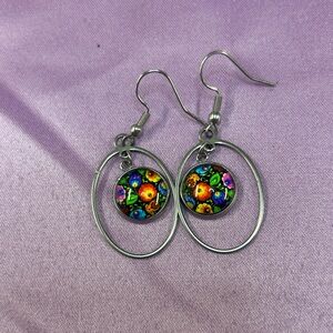 Silver Hoop Drop Earrings with Multicolor Floral Cabochon